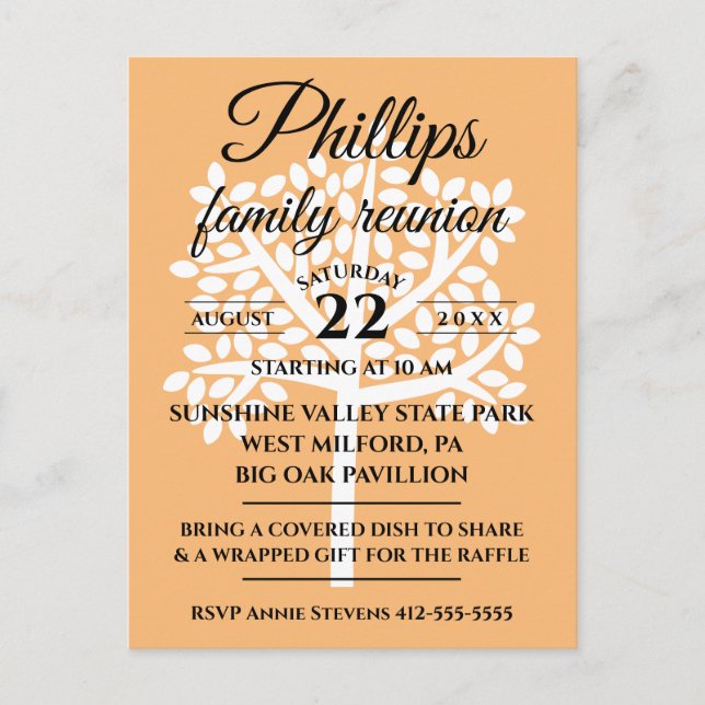 Orange Family Reunion With White Tree Invitation Postcard (Front)