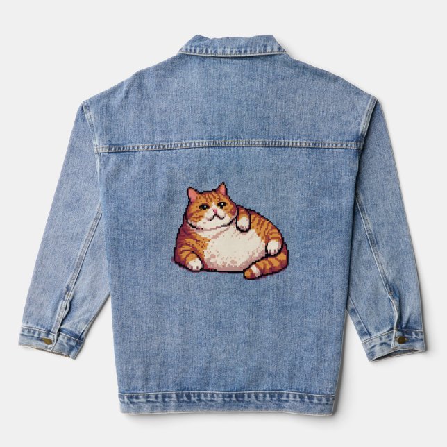 Orange fat cat meme pixel art denim jacket (Back)