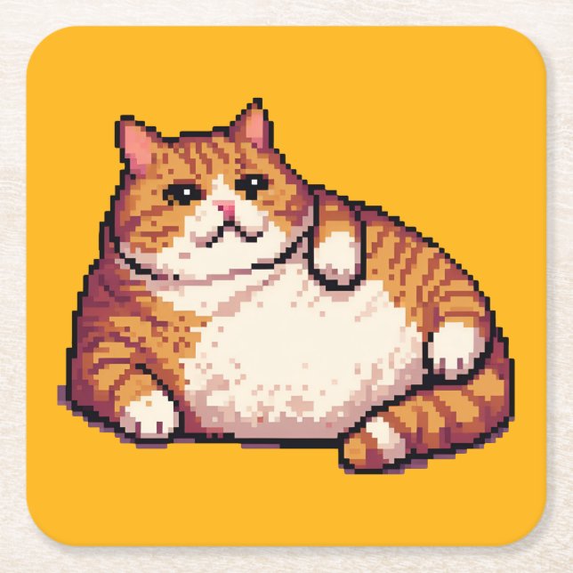 Orange fat cat meme pixel art square paper coaster (Front)