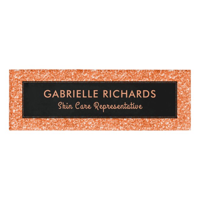 Orange Faux Glitter & Black Text background Name Tag (Front)