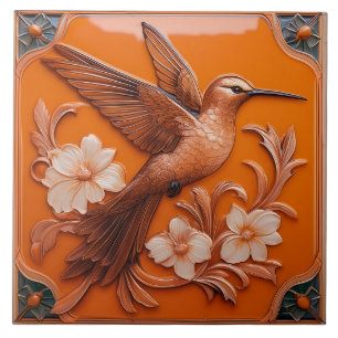 Orange faux relief Art Nouveau Hummingbird R Ceramic Tile