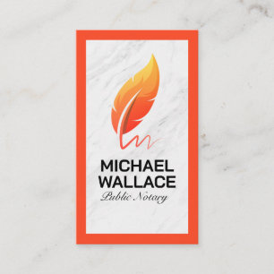 Orange Feather Pen Logo White Marble Business Card