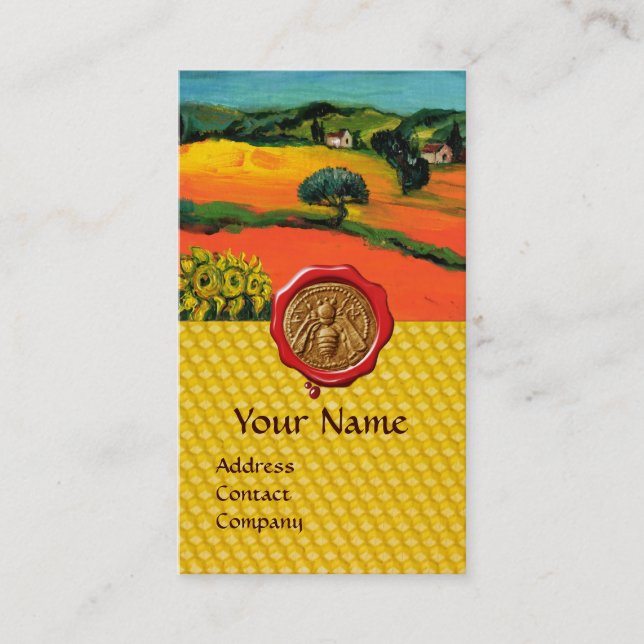 ORANGE FIELDS, HONEY BEE RED WAX SEAL ,BEEKEEPER BUSINESS CARD (Front)