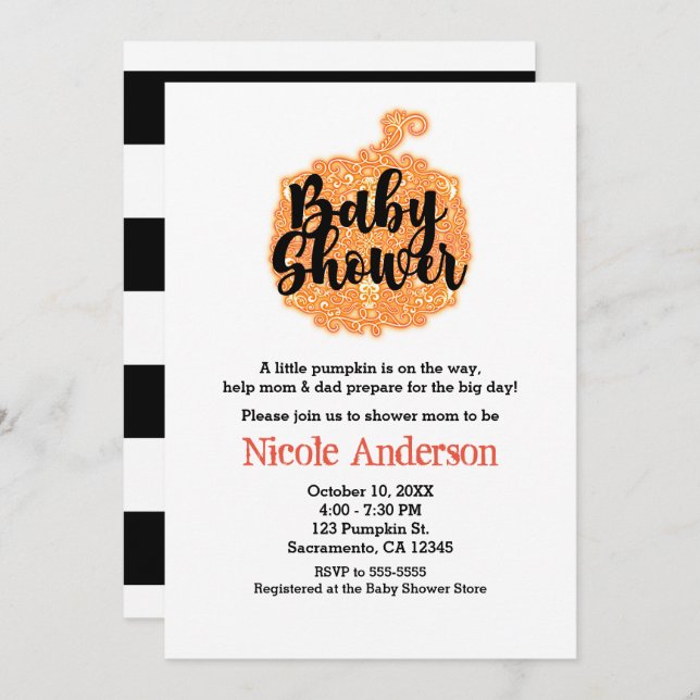 Orange Filigree Pumpkin Elegant Fall Baby Shower Invitation (Front/Back)