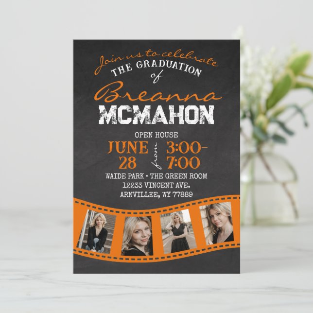 Orange Filmstrip Chalkboard Graduation Invitation (Standing Front)