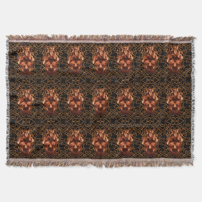 Orange Fire Skull Throw Blanket (Front)