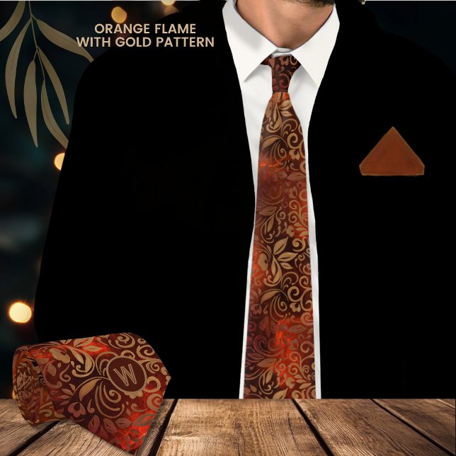 Orange Flame Necktie with Gold Floral Pattern  (Orange Flame Necktie with Gold Floral Pattern )