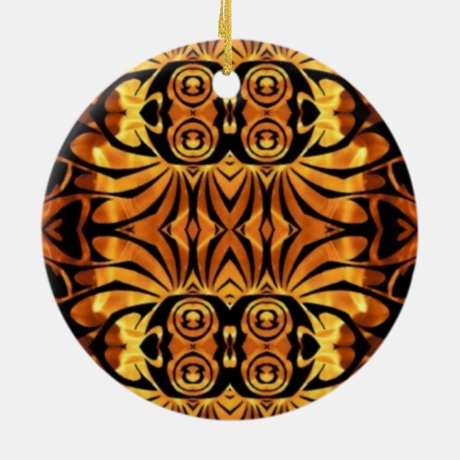 orange flames Native totem pole tribal pattern Ceramic Ornament (Back)