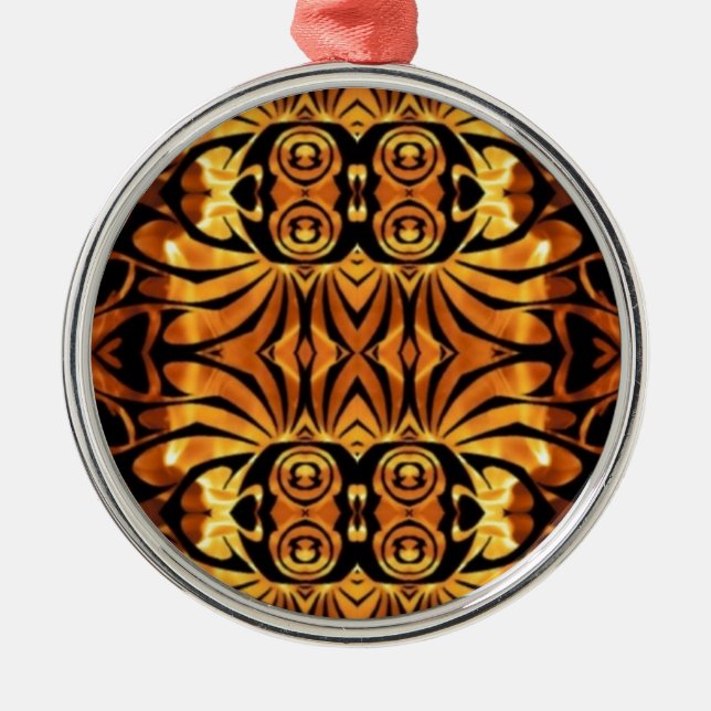 orange flames Native totem pole tribal pattern Metal Ornament (Front)