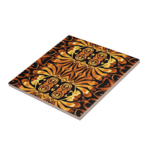 orange flames Native totem pole tribal pattern Tile
