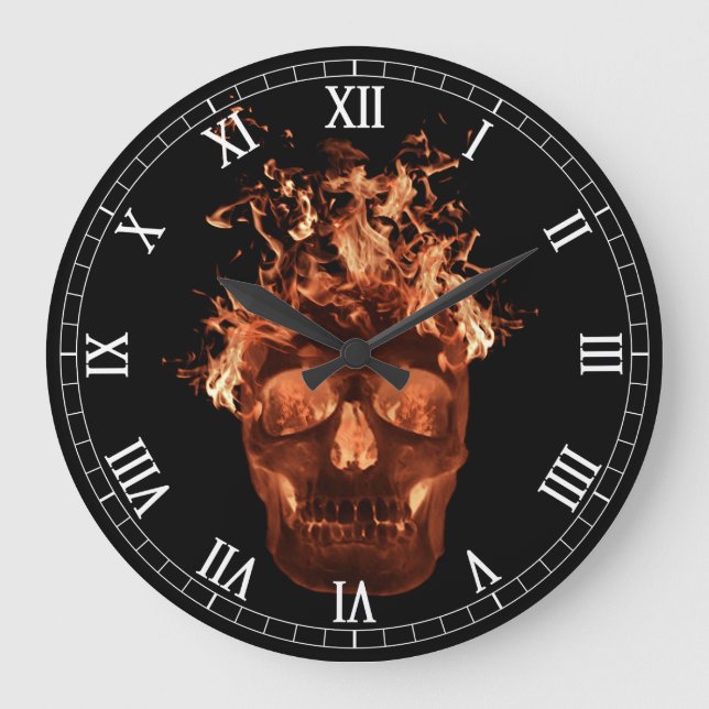 Orange Flaming Skull Round Roman Numerals Clock (Front)