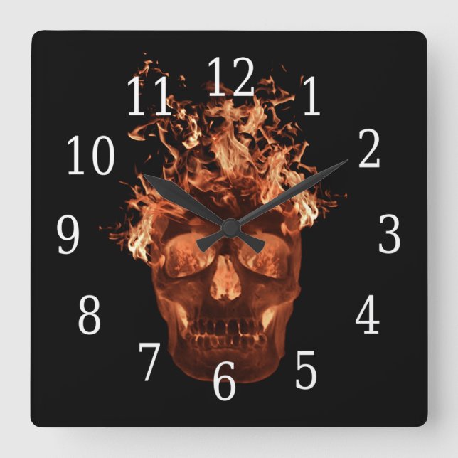 Orange Flaming Skull Square Clock (Front)