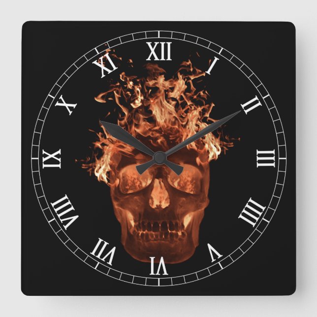 Orange Flaming Skull Square Roman Numerals Clock (Front)