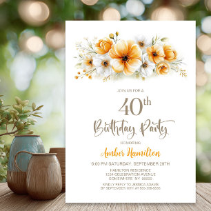 Orange Floral 40th Birthday Party Invitation