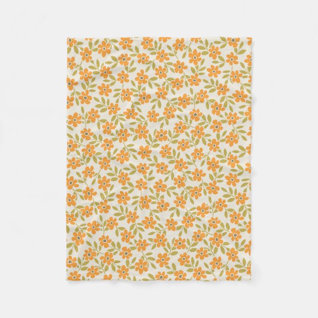 Orange Floral 70s Retro Fleece Blanket (Front)
