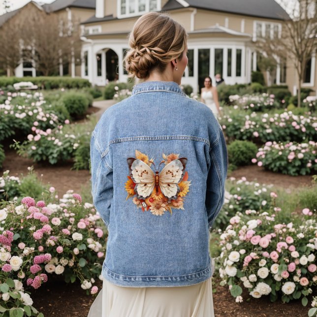 Orange floral and white butterfly denim jacket (Wedding Back)