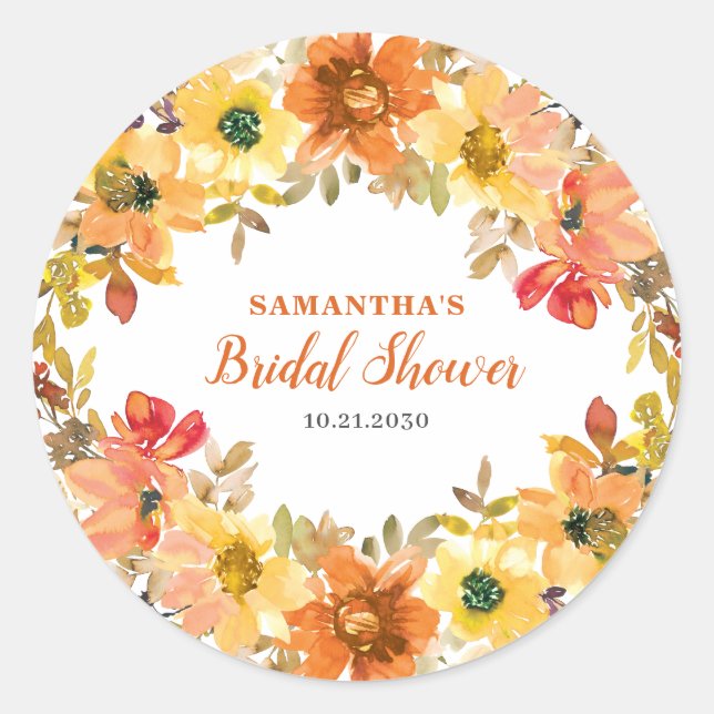 Orange Floral Autumn Bridal Shower Sticker (Front)