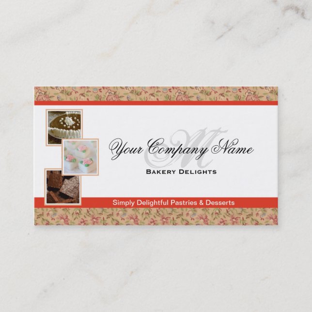 Orange Floral Bakery Monogram Photo Business Cards (Front)