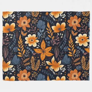 Orange Floral Boho Autumn Fall Black Fleece Blanket