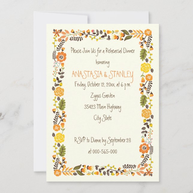 Orange floral border wedding rehearsal dinner invitation (Front)