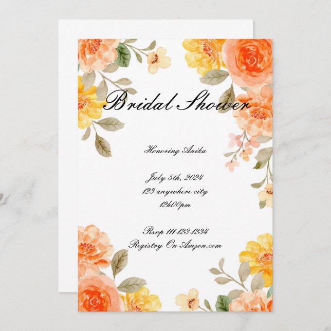 ORANGE FLORAL BOTANICAL BRIDAL SHOWER INVITATION (Front/Back)