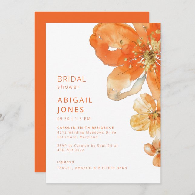 Orange Floral Bridal Shower II Invitation (Front/Back)