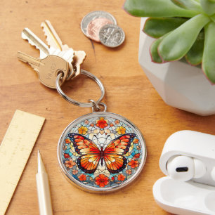 Orange Floral Butterfly Stained Glass Key Ring