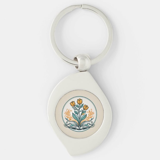 Orange Floral Button Key Ring (Front)