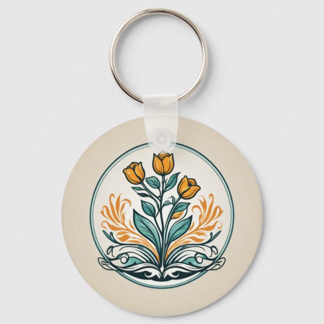 Orange Floral Button Key Ring (Front)