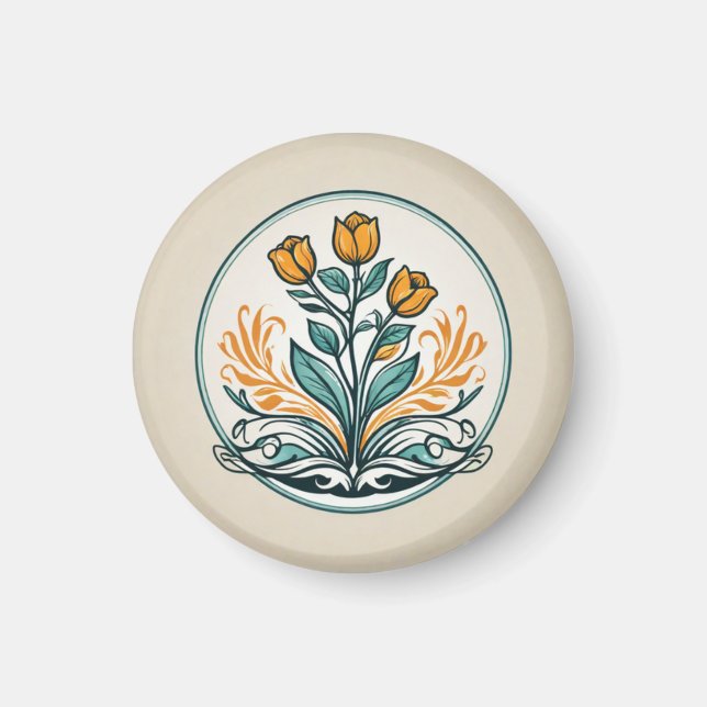 Orange Floral Button Magnet (Front)