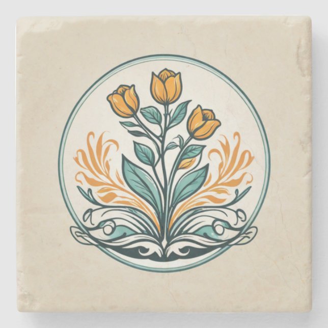 Orange Floral Button Stone Coaster (Front)