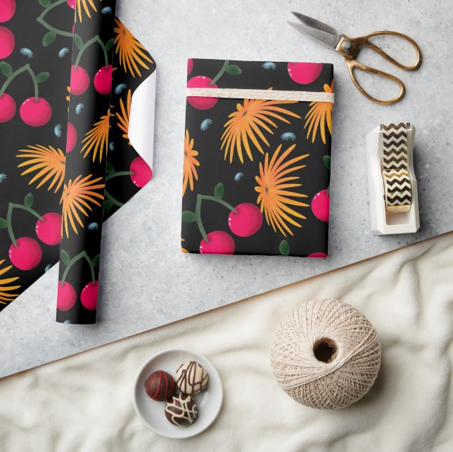 Orange Floral Cherry Pattern Wrapping Paper (Crafts)