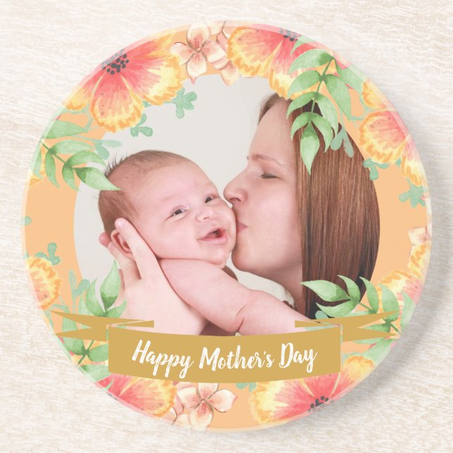 Orange Floral Custom Photo Mother's Day Coaster (Front)