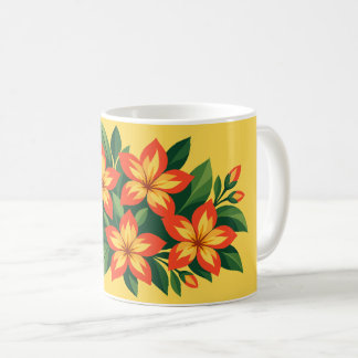 Orange Floral Design with Green Leaves Coffee Mug