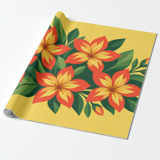 Orange Floral Design with Green Leaves Wrapping Paper