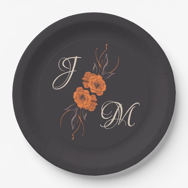 Orange Floral Elegant Minimal Monogram Wedding  Paper Plate (Front)