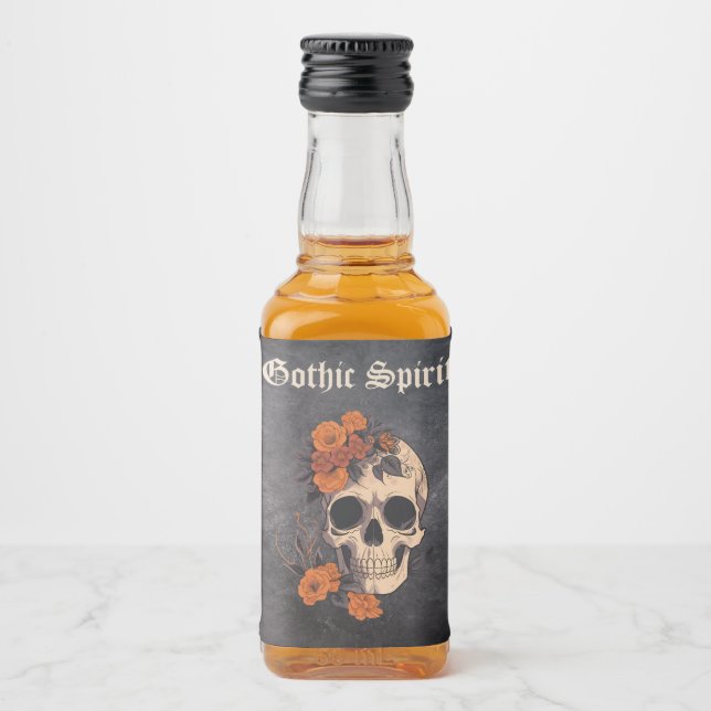 Orange Floral Elegant Skull Monogram Wedding mini Liquor Bottle Label (Front)