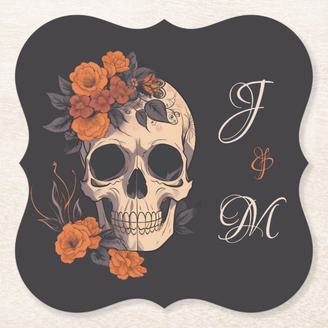 Orange Floral Elegant Skull Monogram Wedding  Paper Coaster (Front)