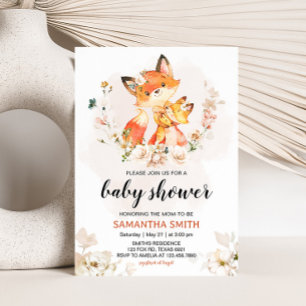Orange Floral Fox Baby Shower  Invitation
