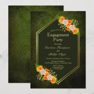 Orange Floral Gold Border Green Engagement Party Invitation