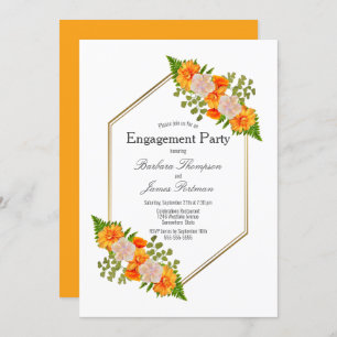 Orange Floral Gold Frame Engagement Part Invitation