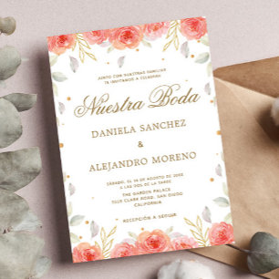 Orange Floral Gold Nuestra Boda Spanish Wedding Invitation