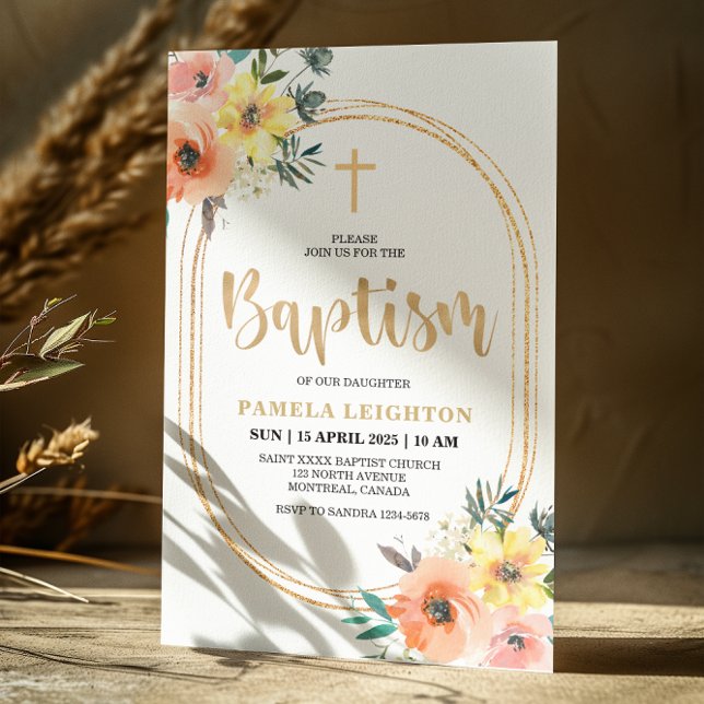 Orange Floral Gold Oval Baptism  Invitation (Creator Uploaded)