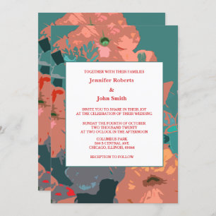 Orange Floral Green Leaves Art Abstract Wedding Invitation