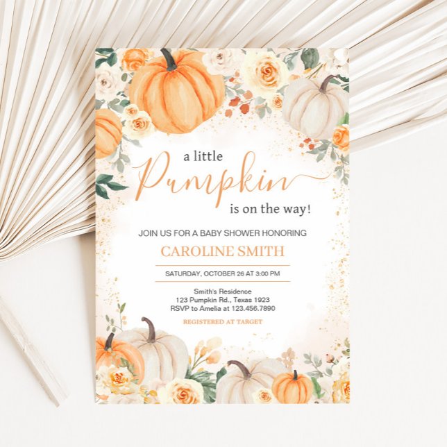 Orange Floral Greenery Little Pumpkin Baby Shower Invitation (Greenery Floral Pumpkin Invitation
)