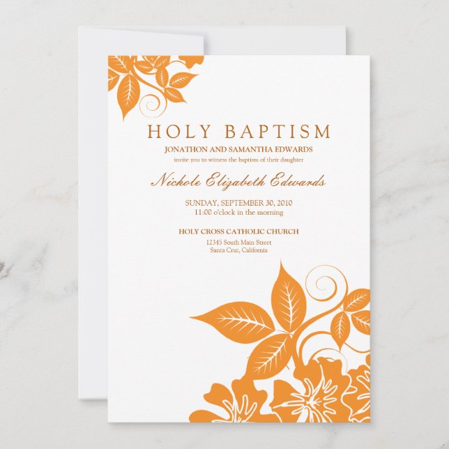 Orange Floral Holy Baptism Invitation (Front)