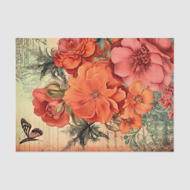 Orange Floral Junk Journal Decoupage Tissue Paper (Front)
