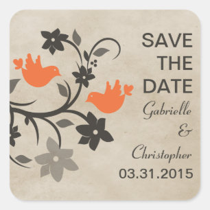Orange Floral Lovebirds Save the Date Stickers