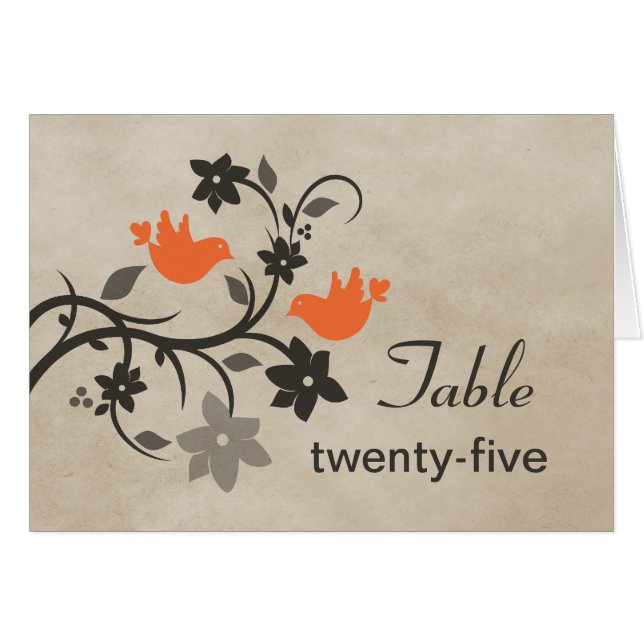 Orange Floral Lovebirds Table Number Card (Front Horizontal)