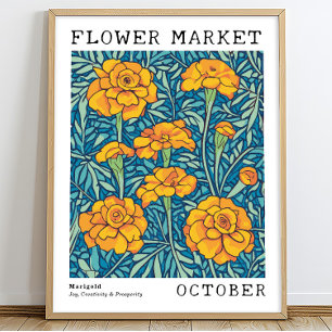 Orange Floral Marigold October Birth Flower Market Poster